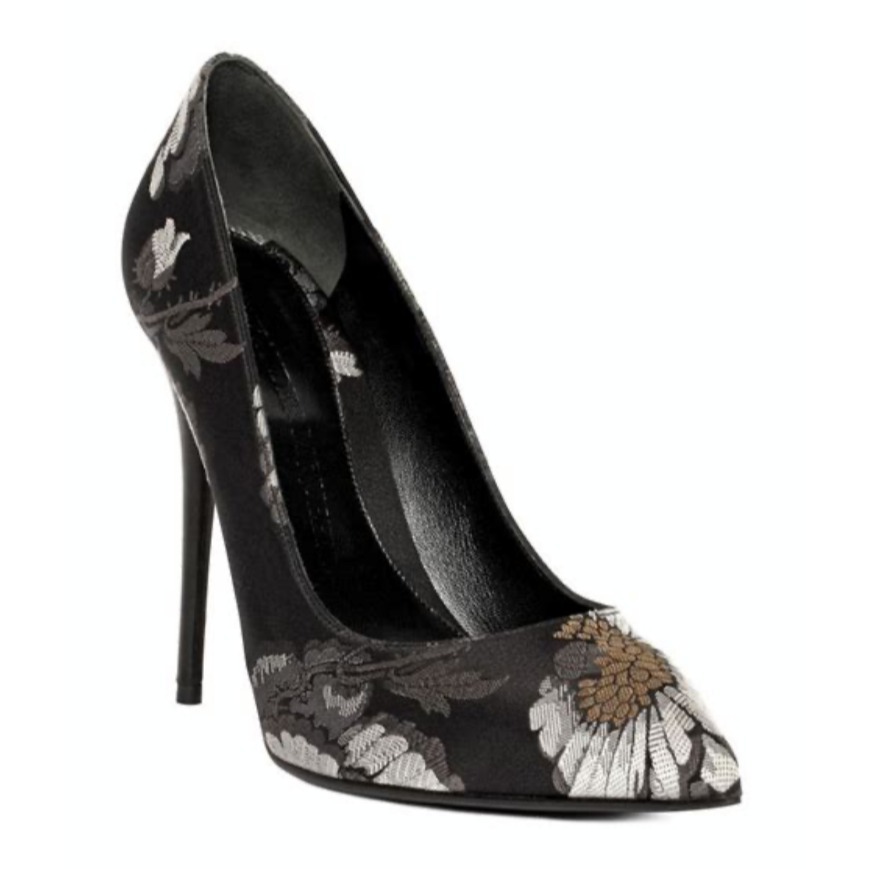 Nwb Alexander Mcqueen Black Silk Hibiscus Jacquard Pump Stiletto Heel Sz 38/7.5